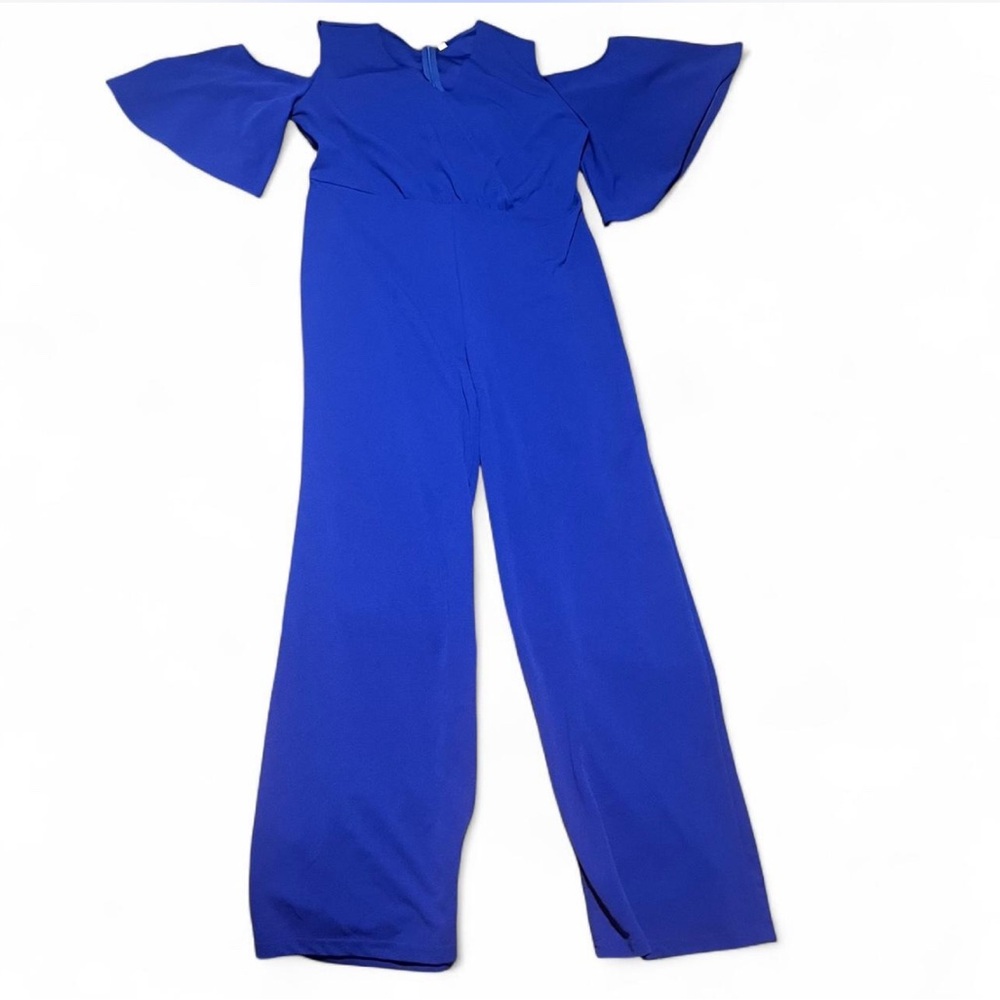 V-Neck Flared Sleeve Open Shoulder Vibrant Blue Women's Jumpsuit Size XL